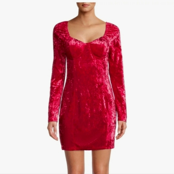 Madden NYC Velvet Corset Bodycon Dress S XS Red Long Sleeves Sweetheart Neckline - Picture 1 of 5